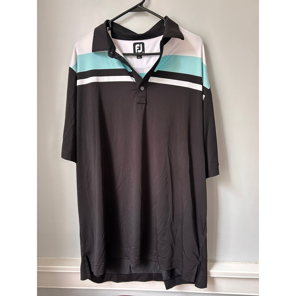 FootJoy Mens 2XL Golf Polo Shirt Black Mint Green Burnt Pine Logo Performance
